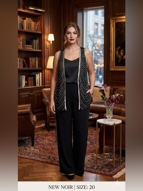 064-Beaded Black Camisole with Embellished Vest